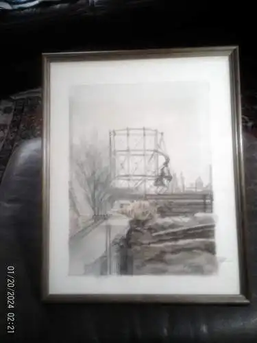 Aquarell Gasometer in Oberhausen um 1930 signiert P oder F Klingel Maße gerahmt : 30 x 36 cm   Farbenfrische Erhaltung !
