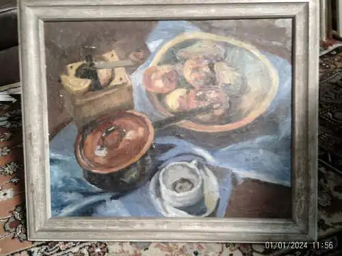 H. Martin Maler XIX -XX   "Stilleben mit Obst Kücheninteriör " rechts signiert H. Martin 