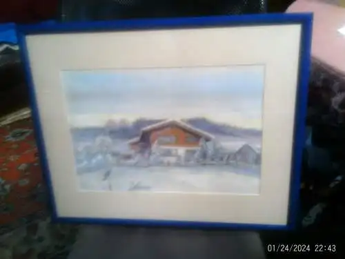 Johannes Hänsch ? 1875-1945 Post-impressionistische Pastelkreide   "Idyle mit schneebedeckter Almhof  und einem Vogel auf einem Pfosten sitzend" 