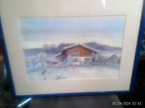 Johannes Hänsch ? 1875-1945 Post-impressionistische Pastelkreide   "Idyle mit schneebedeckter Almhof  und einem Vogel auf einem Pfosten sitzend" 