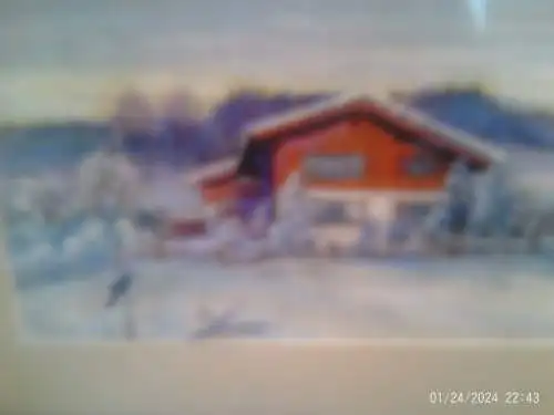 Johannes Hänsch ? 1875-1945 Post-impressionistische Pastelkreide   "Idyle mit schneebedeckter Almhof  und einem Vogel auf einem Pfosten sitzend" 