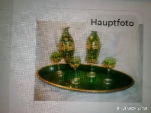 J. & L. Lobmeyr ,Ein Paar böhmische Karaffen 4 Likörgläser ovales Tablett aus grünem Kunstglas für4 Personen ca.1880 Otto Wagner Schule Wien