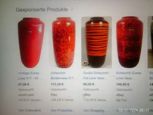  Europe Line Dekor in Rot und Hellbraun Scheurich 517-45 Etikett um 1965 Höhe 45 cm aus der Vitrine