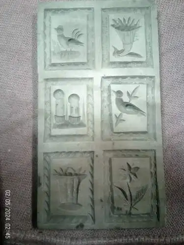 Springerle Modell 6 Motive um 1860 besonders seltene Motivwahl  Perlhuhn Füllhorn Burganlage .. Kirschbaum 8,5 x 15.5 cm Provenienz Bäckerei Gauss Bretten