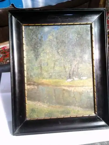 Erich Scharfe Maler XIX-XX" Drei weiße Gänze an der Oder" datiert 1919 und signiert Kleinformatiges impresionistisches Ölgemälde