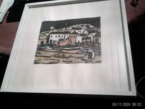 VERKAUFT !!  Willy Robert Huth 1890 Erfurt-1977 Amrum " Kleiner Hafen auf Amrum" signierte Farbradierung um 1958