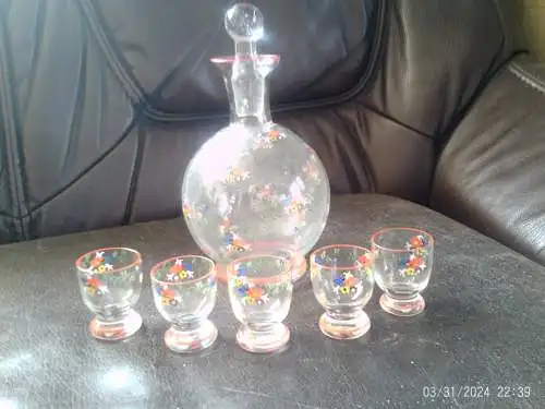 C.G.Haida Sudetendeutsche Glas Likörkaraffe 5Gläschen feinem Blütendekor H:22 cm aus der Vitrine !