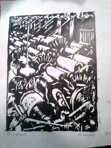 Hans Slavos (1900–1969) expressionistischer Holzschnitt " Krieg Revolution "signiert H. Sonntag 