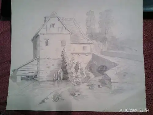 Bleistiftzeichnung "Mühlenhaus an einem Bach" Francis Augustus Lathrop 1849 Hawai 1909 Woodcliff Lake 