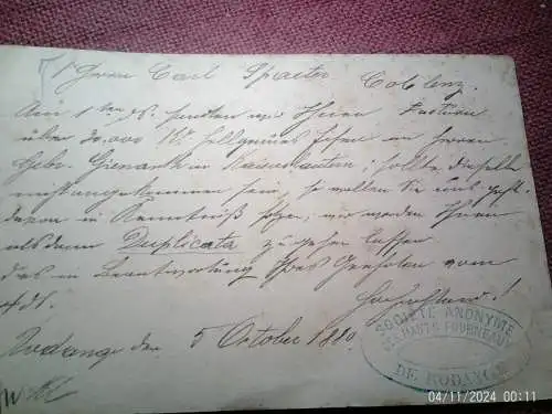 Dokument aus dem Jahr 1880, genauer gesagt ein Geschäftsbrief der luxemburgischen Eisenhütte Société Anonyme des Hauts Fourneaux de Rodange an die Firma Gwen Carl Ipracter Coblenz in Koblenz. 