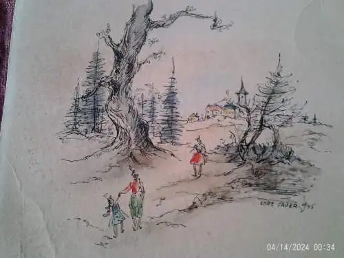 Lore Jäger , deutsche Illustratorin 2 Spielende Kinder vor einer Dorfiydille" signiert datiert 1945