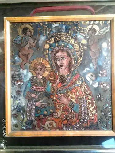 Ikone im byzantinischen Stil "Die Jungfrau Maria mit dem Jesuskind und Engeln " Rumänien Banater Werkstatt 19 Jhd.