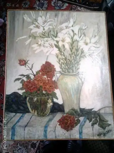 Otto Hitzler Impressionistisches Ölgemälde" Blumenstilleben mit zwei Vasen Lilien ,Dahlien oder Astern auf einem Tisch "