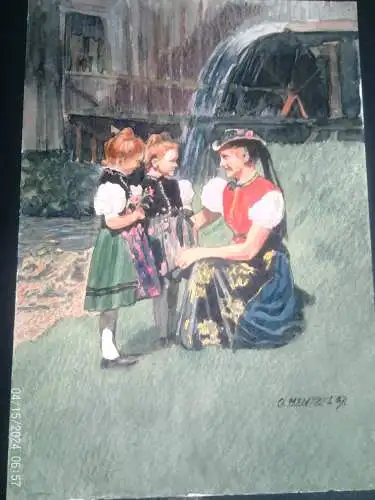 "Trachtenmädchen aus Dreistegen bei St. Märgen südl.Schwarzwald" Aquarell signiert O. Mentzel datiert 1907 oder 1917