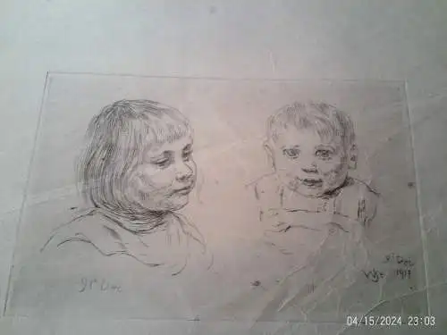 Radierung  "Zwei Kinderporträts, die auf den 9. Dezember 1917"  Künstler:  Initialen "WSE" oder "WJE" Umfeld: Wilhelm August Theodor Steinhausen, * 1846-1924 Frankfurt