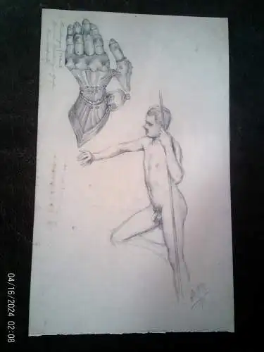 "Eiserne Hand und männlicher stehender Akt " wie die von Götz von Berlichingen  datiert 1890 Umfeld Adolf von Menzel 1815Breslau-1905Berlin