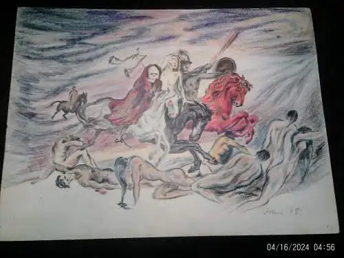 Jani  italienischer Künstler " Apokalypse mit den vier Reitern  " signiert datiert Jani 48 ( 1948) verso Mattinata "Statdtstaffage mit Figuren "