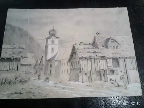 Henri Desire Porret  "Iydillisches Dorf Personenstaffagen reges Dorfleben , Holz hackender Bauer "