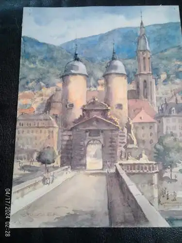 Aquarell  Richard Ziegler (1891–1992) "Heidelberg Karl-Theodor-Brücke und Personenstaffagen"
