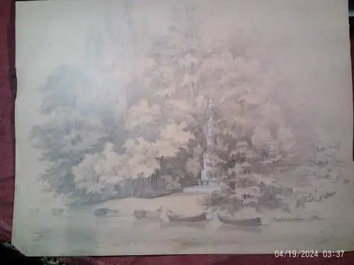 „See bei kl. Hesselohe im Engl. Garten und das Sckell-Denkmal Englischen Garten in München "Mischtechnik signiert Picard   um 1830-1860