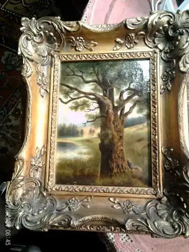 Spätromantische Landschaftsdarstellung  " Knabe ruhend unter einer mächtigen Eiche "(Kabinettbild) Künstler: Zuschreibung an Heinrich Westermann (1824–1892)