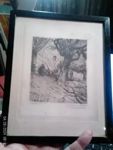 Bernhard Mannfeld 1848-1925 " "Dorfydille mit Spaziergängern " Radierung signiert Später Realismus Frankfurter Schule