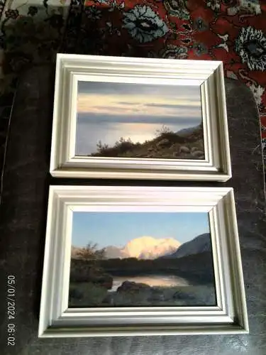 Otto Albert Koch 1866–1921 Kabinett Malerei   "Hochgebirgslandschaft: Alpenseesegment mit Abendstimmung (Glow-Effekt)." "Küstenlandschaft: Weite Wasserstudie mit atmosphärischer Lichtbrechung".