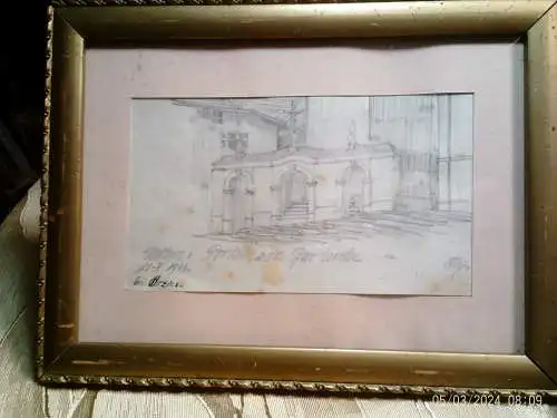 Bleitift Architektur Zeichnung des " Pfarrkirche Maria Himmelfahrt in Kaltern " 1913 in der Belle Époque gemalt 