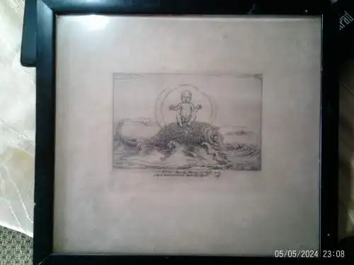 Eva Regina-Weller Radierung  Taufblatt sig+dat 1909 "EVA REGINA. Kam zum Licht am 10. April 1909. Fröhlich schwimmt sie im Meere des Lebens."