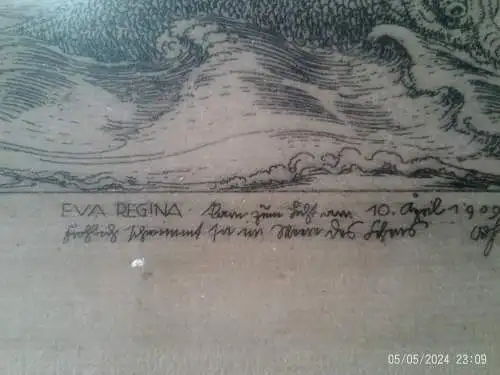 Eva Regina-Weller Radierung  Taufblatt sig+dat 1909 "EVA REGINA. Kam zum Licht am 10. April 1909. Fröhlich schwimmt sie im Meere des Lebens."