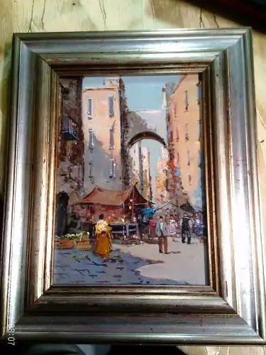 G. Bastini (oder evtl. G. Bastis) " Gassen des italienischen Badeort Alassio an der ligurischen Küste mit einem Marktplatz "