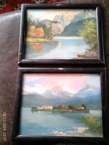Hermann Lacher 1883 Landshut 1930 Paar Sujet Landschaftsgemälde der Münchner Schule  " Frauenchiemsee und Hintersee " datiert  1925 signiert H.L 