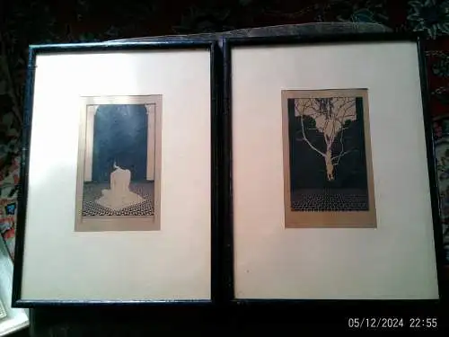 Frz. Oishi“ (Franz/Fritz Oishi) 1890 -1945 Seltenes Paar japanischer Art-déco-Drucke (1920er Jahre) – Signiert Oishi – Deutsche Kolonie – Akt- und Baumsilhouette – Japonismus 