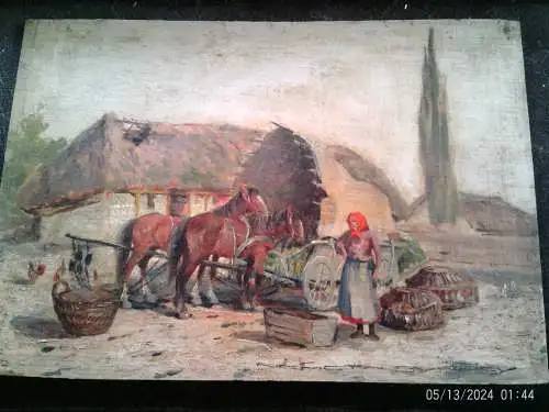 Béla Németh Gutaházy (Ungarn) /  Gyula Nemeth Gutahazy 1880 Budapest 1935 " Ländliche Hofdarstellung mit Bäuerin beim abverkauf von Hühnern /Gänsen " "