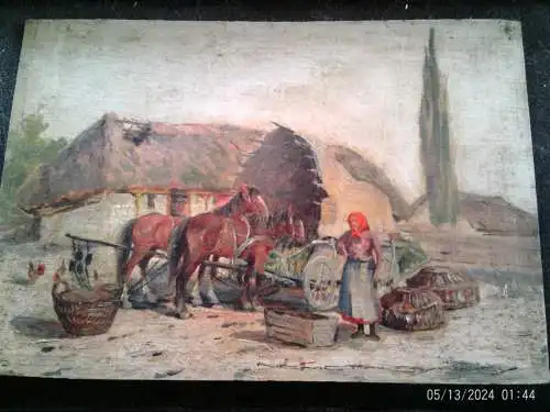 Béla Németh Gutaházy (Ungarn) /  Gyula Nemeth Gutahazy 1880 Budapest 1935 " Ländliche Hofdarstellung mit Bäuerin beim abverkauf von Hühnern /Gänsen " "