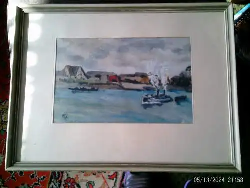 Karl Unverzagt  KU. =(1915–2007).  Impressionistische Flusslandschaft (Hafenszene) Berliner Ak unter  Professoren wie Hans Meid .