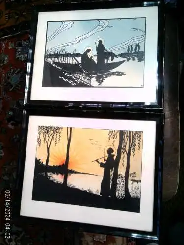 Martha Hofrichter (1872Wien1960) " Silhouetten-Paar Sakrale Eremit u. hl Familie Schattenbilder  " Künstlerin der Wiener Schule Jugendstil ca 1920