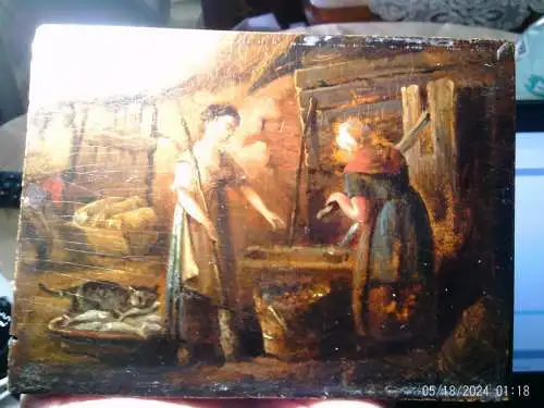 „Die naschhafte Katze – Interieur einer holländischen Vorratskammer“ oder „Licht und Schatten im Bauernhaus – Kabinettstück der Ostade/Teniers-Nachfolge“