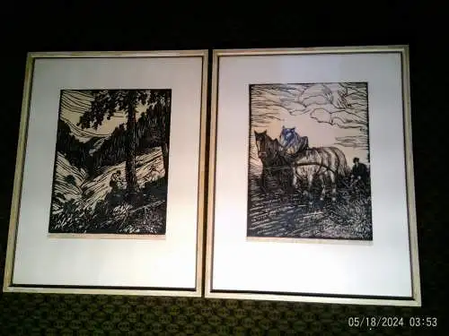 Karl Freytag (1867–1926) Holzschnitt, Die Holzfäller, Der pflügende Bauer, Heimatkunst, Expressionismus, Galerie Reim Heilbronn.  Handabzug 2/8 
