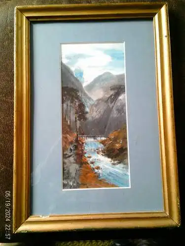 „Helvetica“ romantiker Landschaftsaquarell "Die Teufelsbrücke  mit einem Angler Schöllenen/Gotthard-Region"  signiert Julius Held datiert 1911