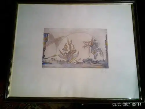 Wolfgang Hecker,1930-2021  Original Farbradierung, Surrealismus, Salvador Dalí Stil, Garten Idyll, Phantastische Kunst, Signierte Grafik, Moderne Kunst.