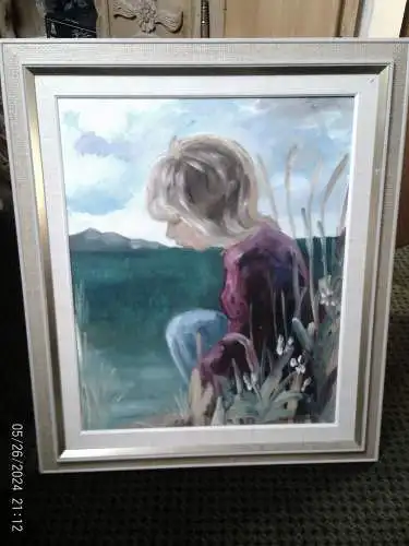  Willem Hendrik van den Berg 1886 in Den Haag-1970 in Amsterdam  " Ein junges Mädchen in nachdenklicher Pose, eingebettet in eine atmosphärische Naturlandschaft"