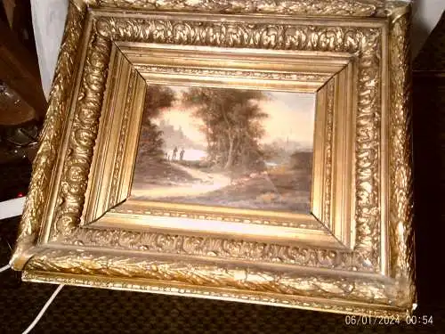 Tognini italienisch Schule Mitte 19 Jhd "Romantische Flusslandschaft mit Ruine im Abendlicht"