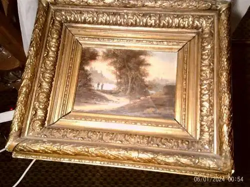 Tognini italienisch Schule Mitte 19 Jhd "Romantische Flusslandschaft mit Ruine im Abendlicht"