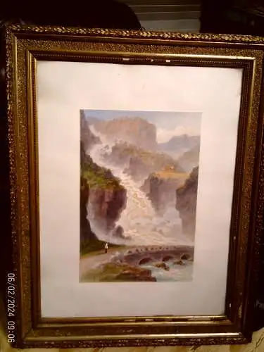 Thomas Hart F.S.A. (1830-1916) Original Watercolor - Waterfall Låtefossen Norway - Victorian Gold Frame - Museum Artist