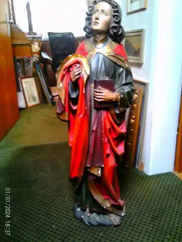 Museumswürdige Nazarenerstatue des Heiligen Johannes aus dem 19. Jahrhundert, Meersburger Schule – Meisterhaft geschnitzte Hände und Evangelium, Original-Polychromie, 100 cm, Nr. II.