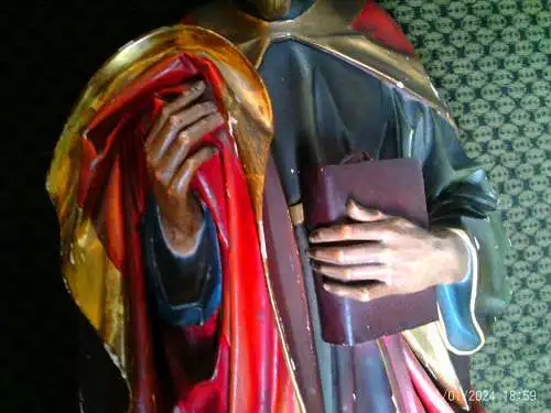 Museumswürdige Nazarenerstatue des Heiligen Johannes aus dem 19. Jahrhundert, Meersburger Schule – Meisterhaft geschnitzte Hände und Evangelium, Original-Polychromie, 100 cm, Nr. II.