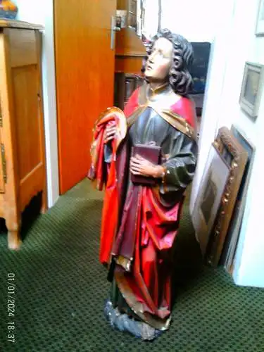 Museumswürdige Nazarenerstatue des Heiligen Johannes aus dem 19. Jahrhundert, Meersburger Schule – Meisterhaft geschnitzte Hände und Evangelium, Original-Polychromie, 100 cm, Nr. II.