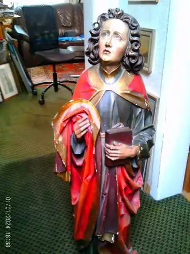 Museumswürdige Nazarenerstatue des Heiligen Johannes aus dem 19. Jahrhundert, Meersburger Schule – Meisterhaft geschnitzte Hände und Evangelium, Original-Polychromie, 100 cm, Nr. II.