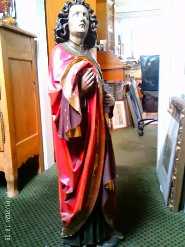Museumswürdige Nazarenerstatue des Heiligen Johannes aus dem 19. Jahrhundert, Meersburger Schule – Meisterhaft geschnitzte Hände und Evangelium, Original-Polychromie, 100 cm, Nr. II.
